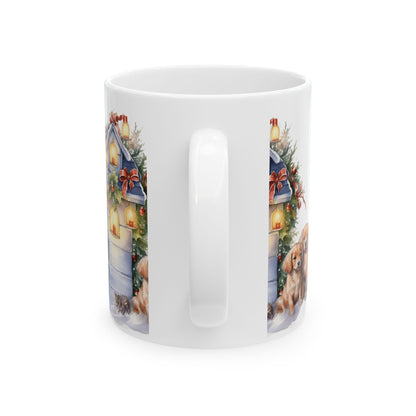 Holiday Dog & Lantern Ceramic Mug — Cute Puppies Christmas Coffee Cup 11oz  Item #75049