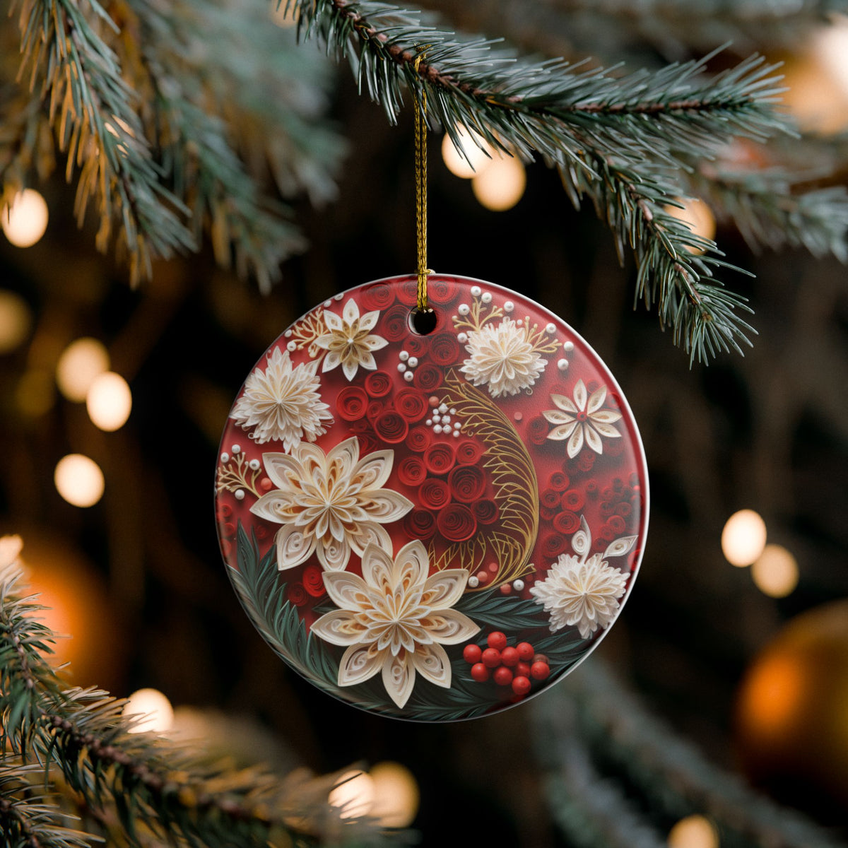 Floral Ceramic Ornament – Red Botanical Holiday Tree Decoration   Item #624588