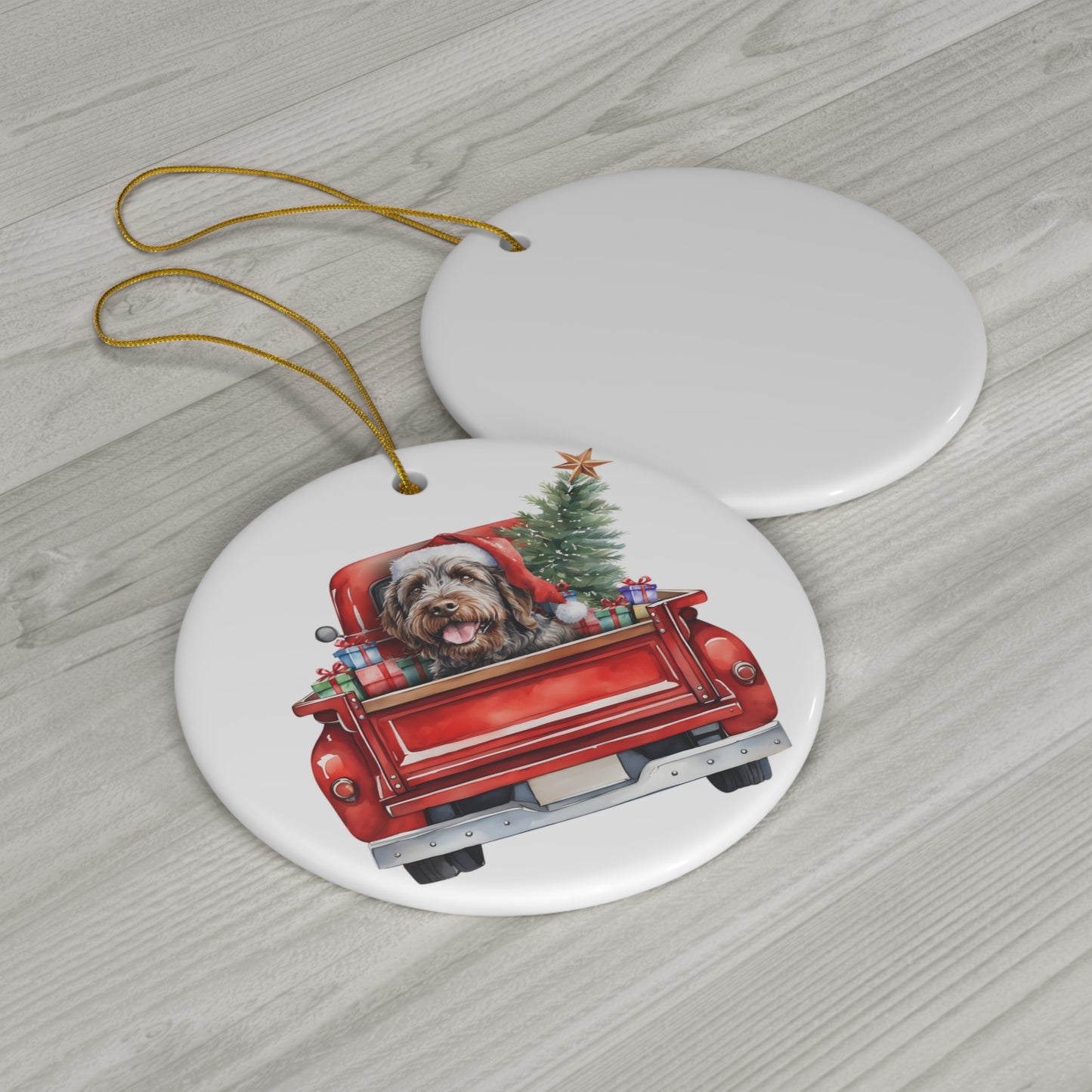 Wirehaired Pointing Griffon Christmas Dog In Red Truck Ceramic Disc Ornament        Item #1695366