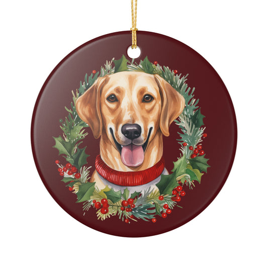 Festive Dog With Christmas Wreath Ceramic Ornament   Item #484209