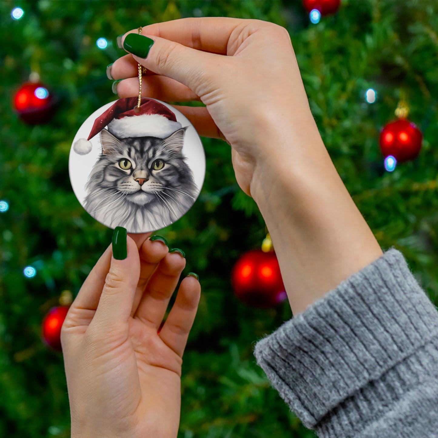 Maine Coon Cat With Santa Hat Ceramic Ornament      Item #7008686