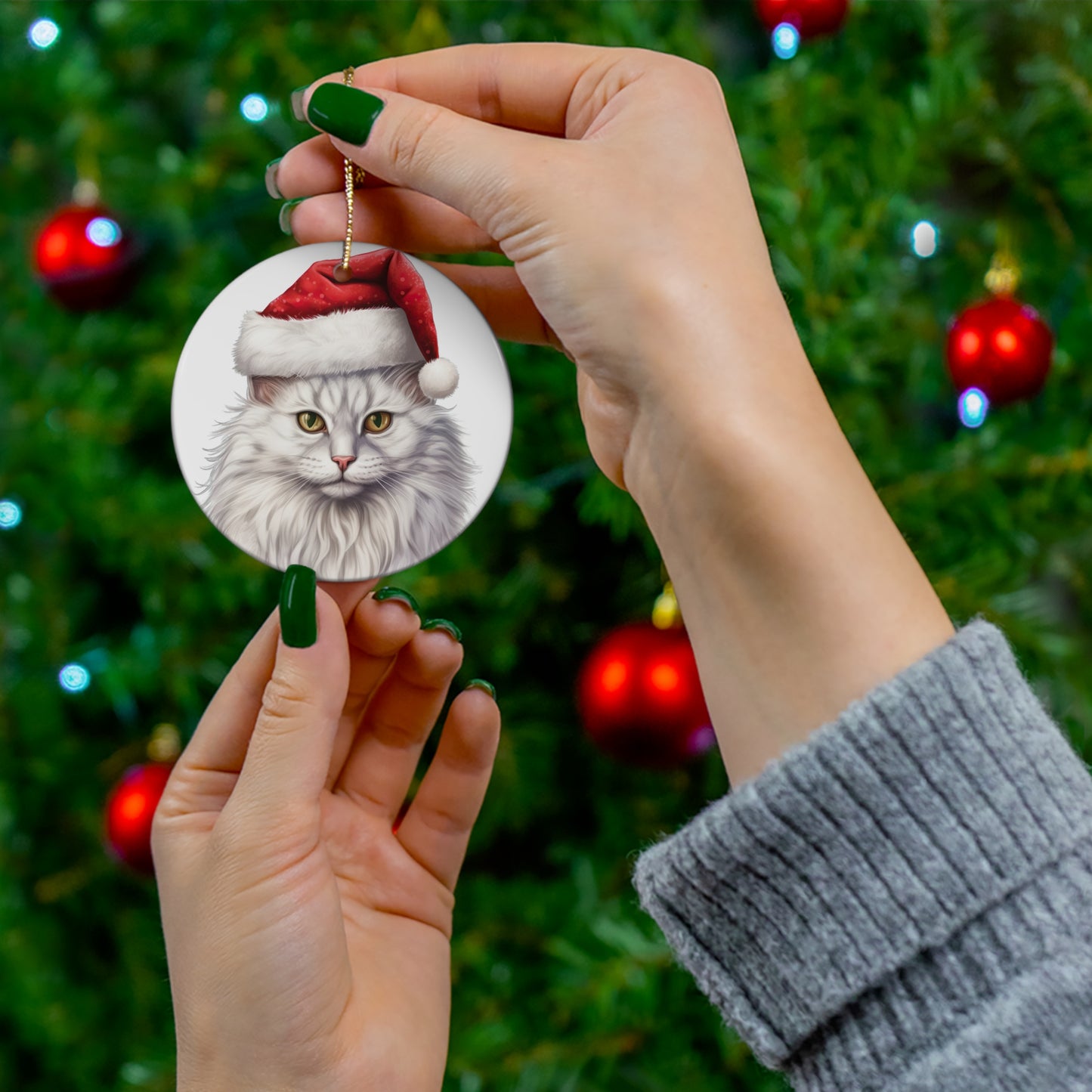 Ceramic Ornament - Turkish Angora Cat With Santa Hat      Item #7422134