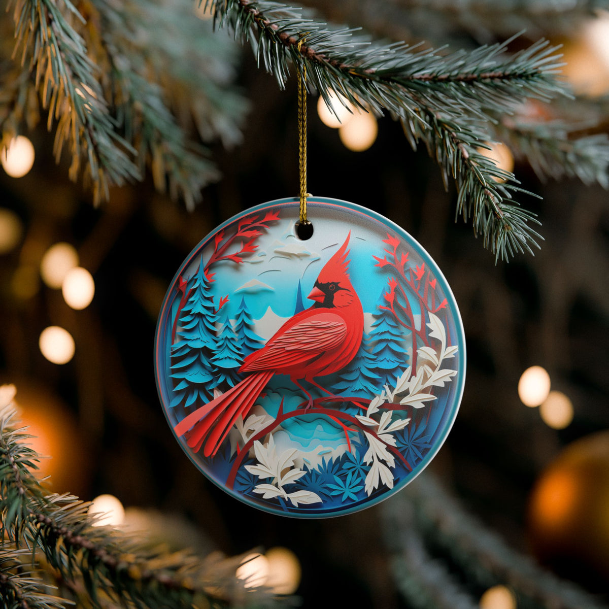 Cardinal Bird Winter Forest Ceramic Ornament  Item #153769
