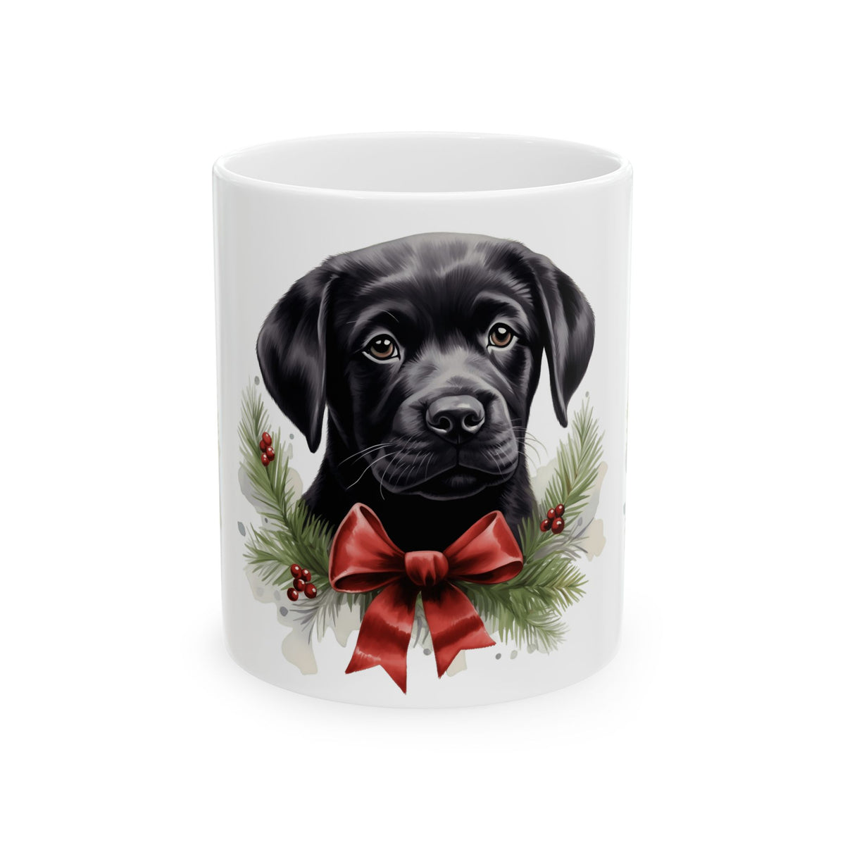 Christmas Black Labrador Mug with Holiday Wreath and Red Bow 11oz   Item #957943