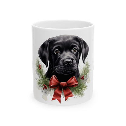 Christmas Black Labrador Mug with Holiday Wreath and Red Bow 11oz   Item #957943