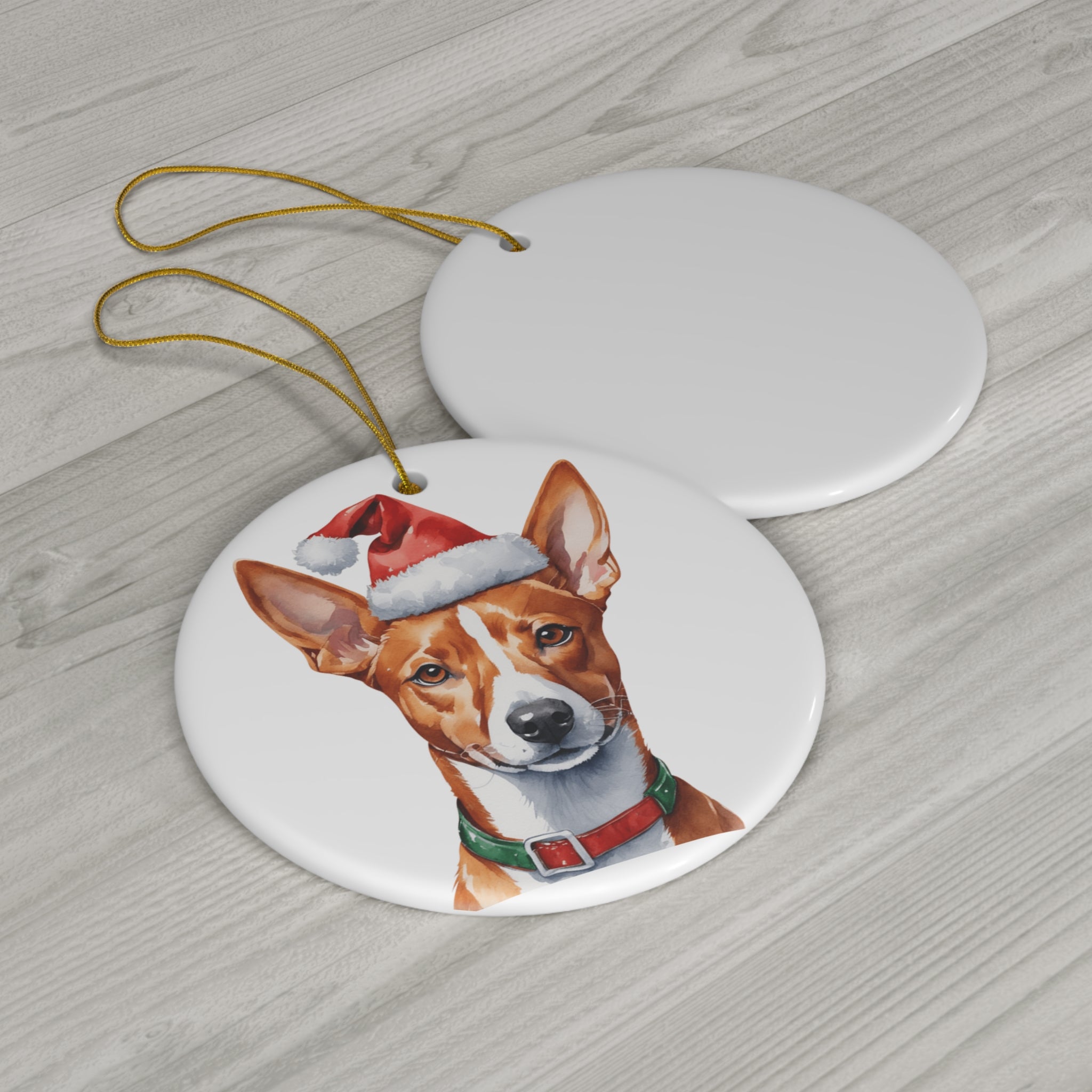 Basenji Dog With Santa Hat Ceramic Disc Ornament        Item #6657201