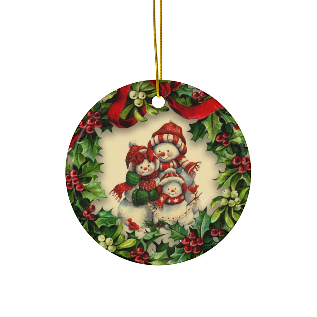 Wreath Snowmen Ceramic Disc Ornament        Item #9861743 - Buckshot's Bargain Barn