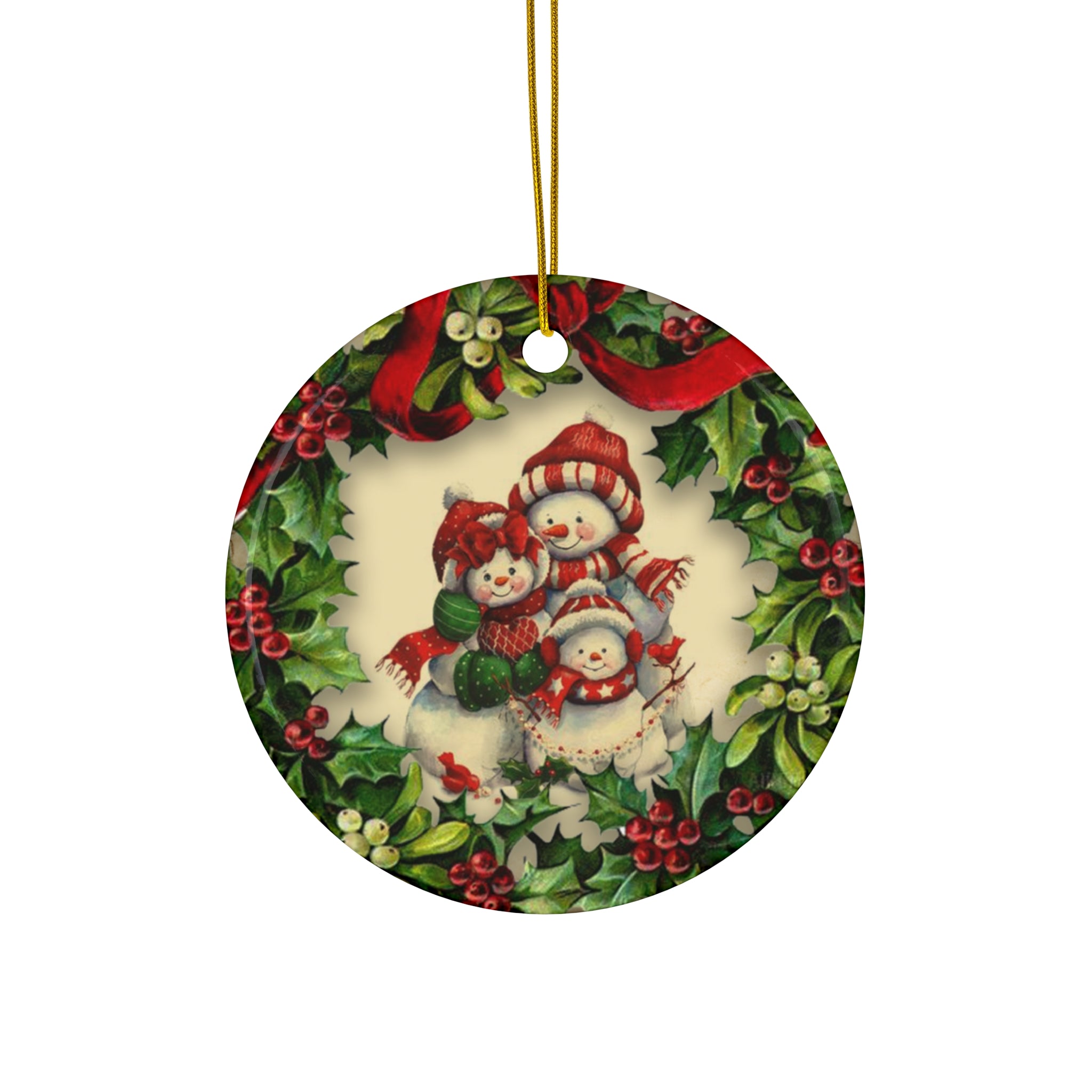 Wreath Snowmen Ceramic Disc Ornament        Item #9861743 - Buckshot's Bargain Barn