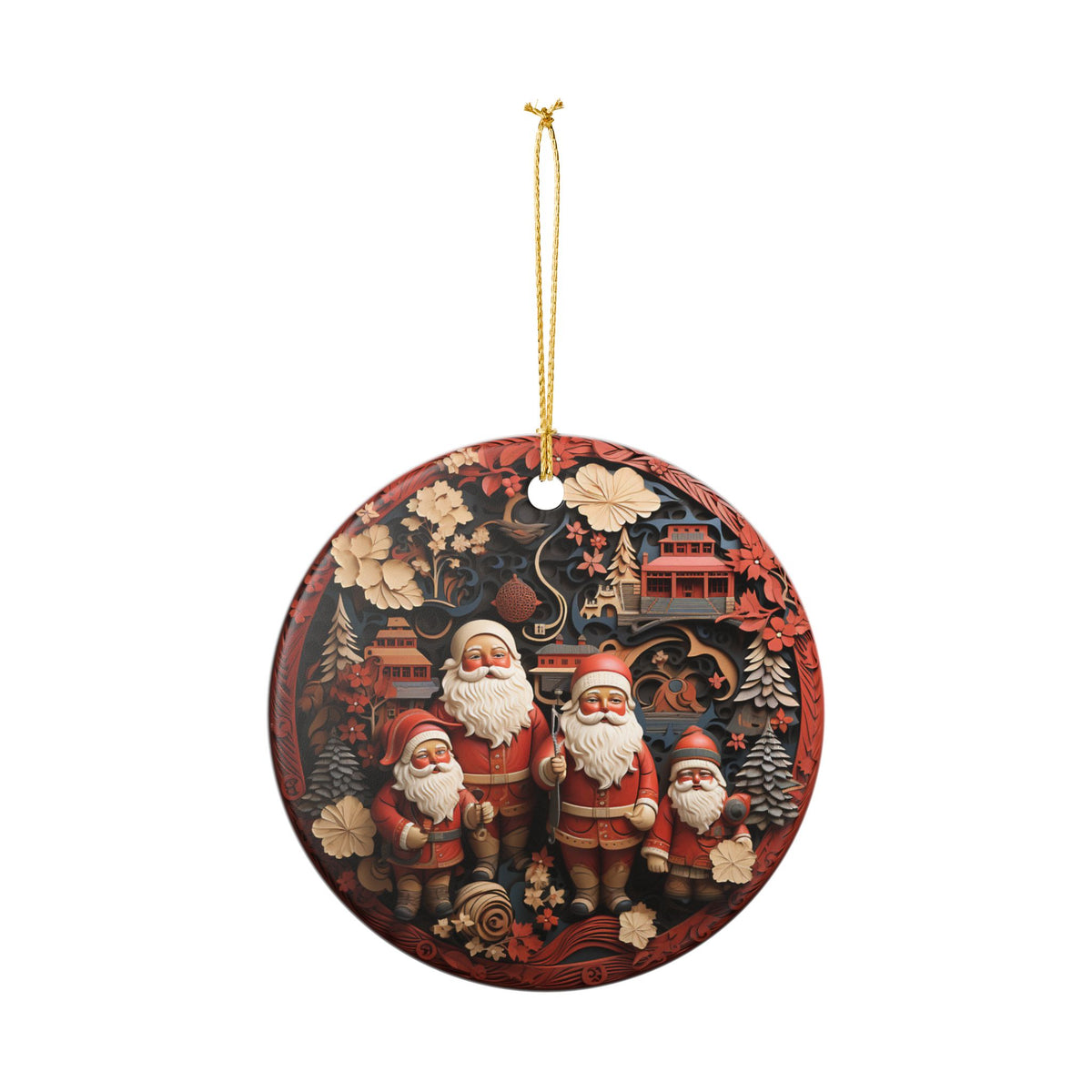 Ceramic Christmas Ornament with Santa Family and Asian-Inspired Holiday Scene    Item #332918