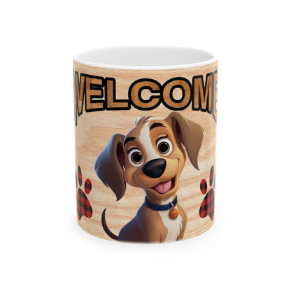 Welcome Puppy Ceramic Mug – Cute Dog & Buffalo Plaid Paw Coffee Cup 11oz   Item #836842