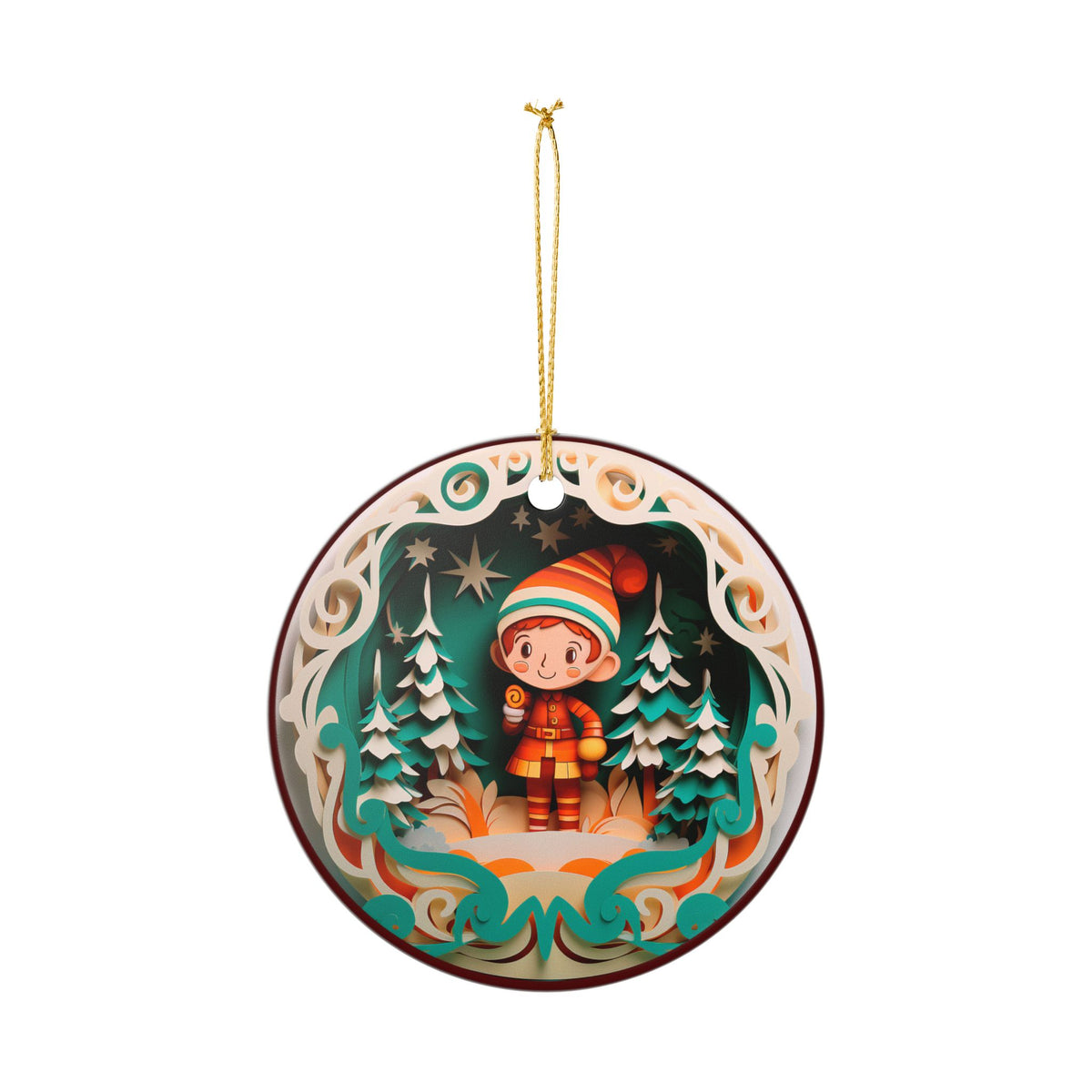 Ceramic Ornament – Whimsical Christmas Elf in Winter Wonderland   Item #117601