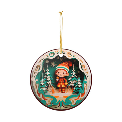 Ceramic Ornament – Whimsical Christmas Elf in Winter Wonderland   Item #117601