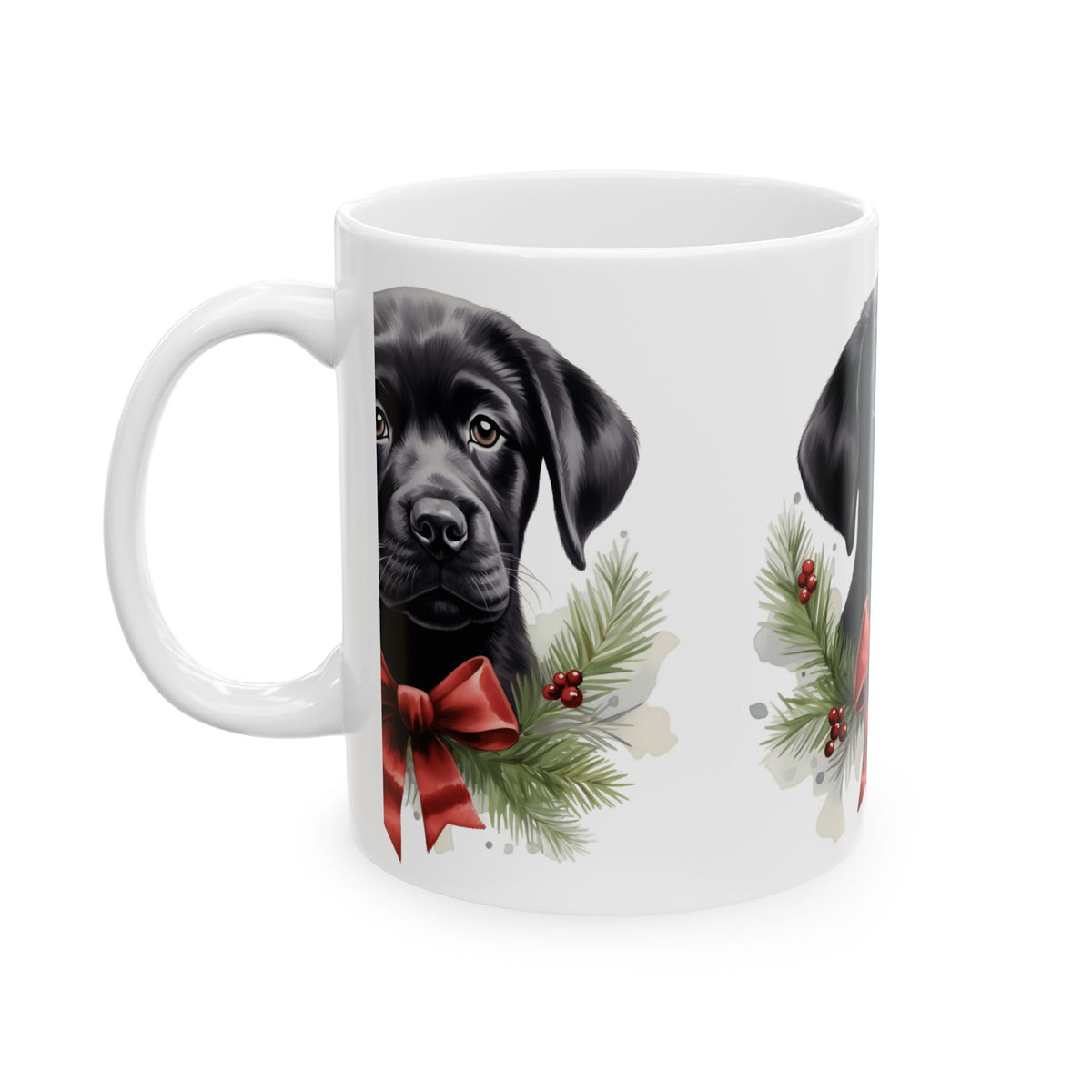 Christmas Black Labrador Mug with Holiday Wreath and Red Bow 11oz   Item #957943