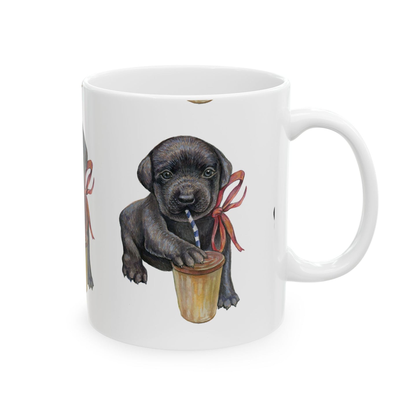 Black Lab Puppy Ceramic Mug — Cute Labrador Puppy with Ribbon Coffee Cup 11oz  Item #2217