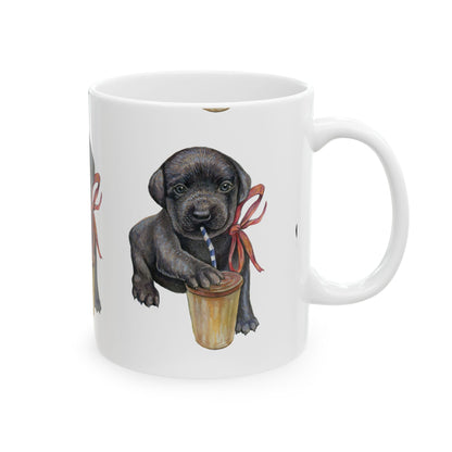 Black Lab Puppy Ceramic Mug — Cute Labrador Puppy with Ribbon Coffee Cup 11oz  Item #2217