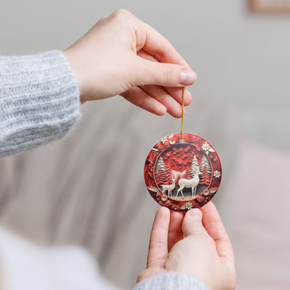 Ceramic Christmas Ornament, Red Winter Forest Deer Design    Item #101123