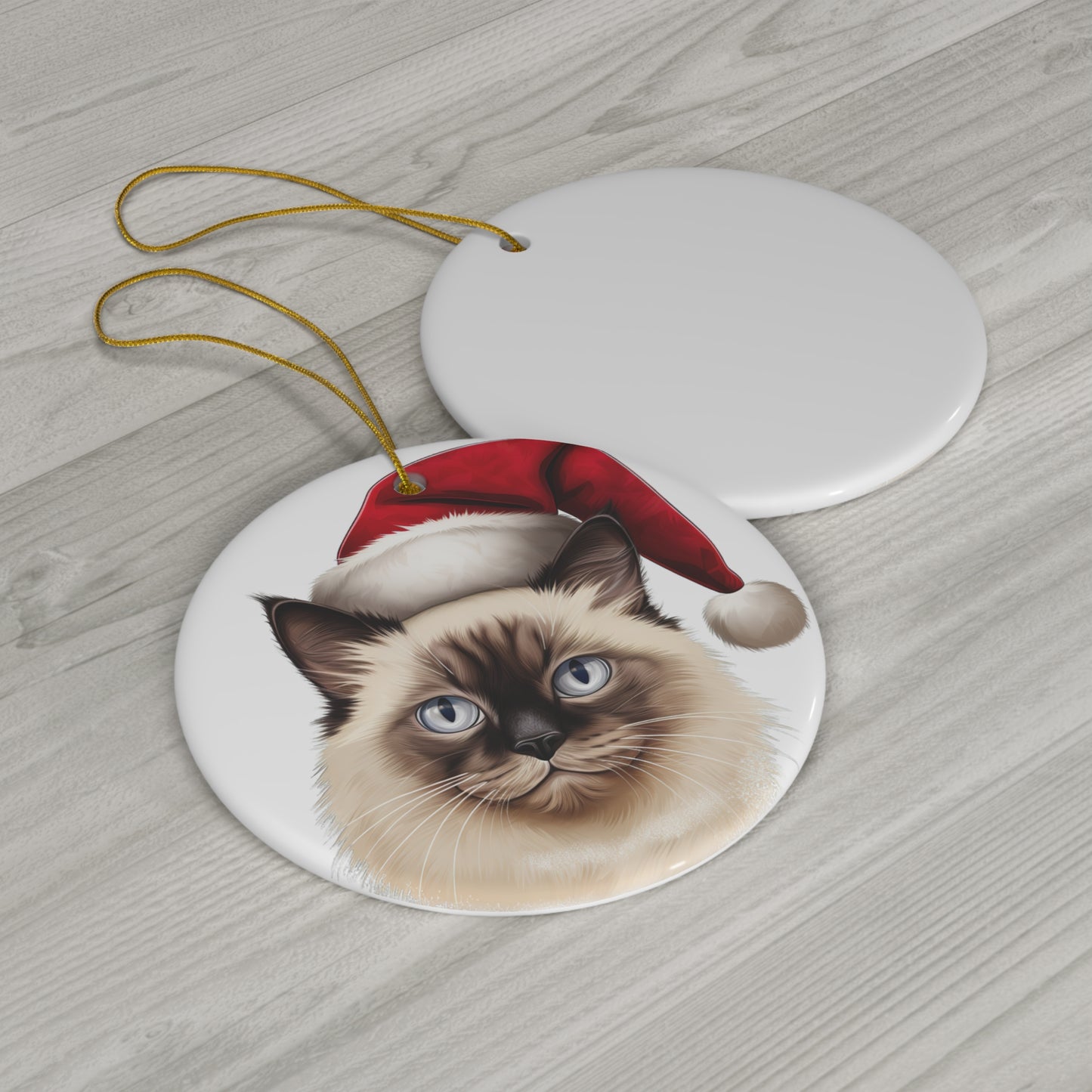 Ceramic Ornament - Birman Cat With Santa Hat      Item #1883993