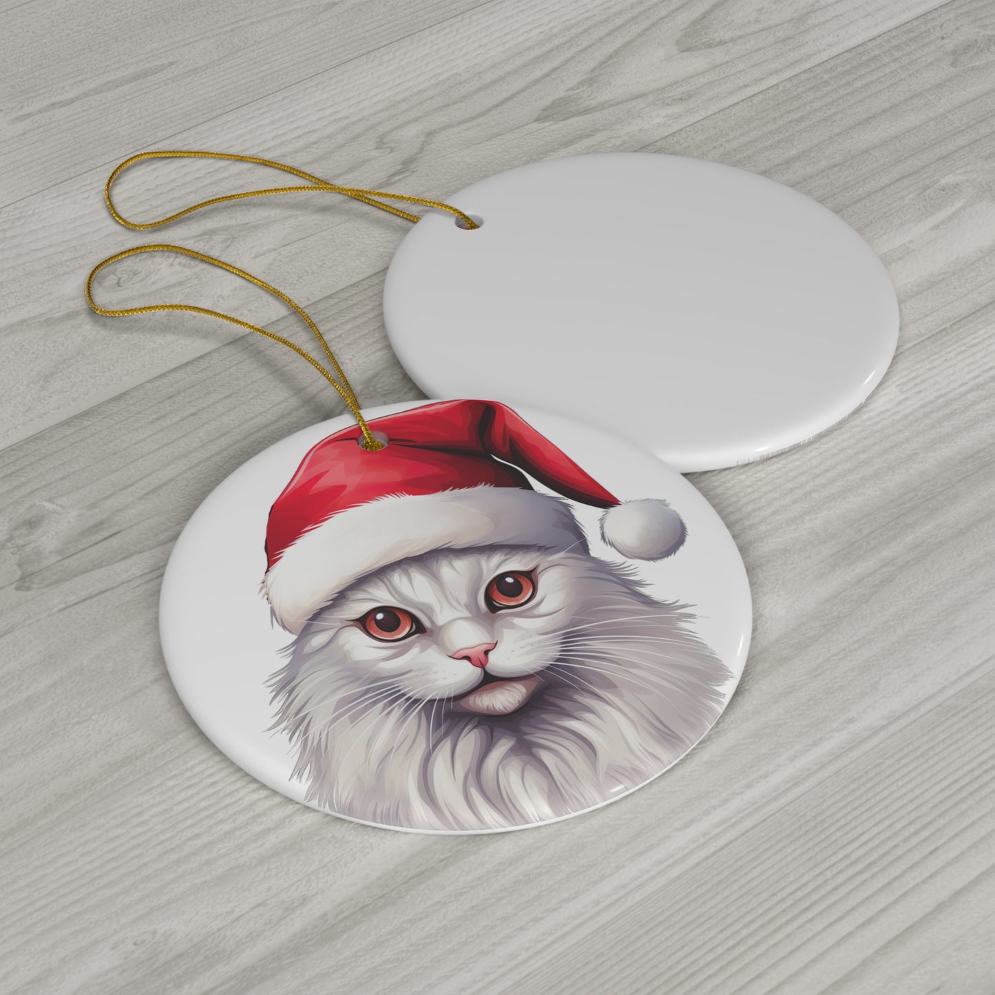 Ceramic Ornament - Turkish Angora Cat With Santa Hat      Item #6599146