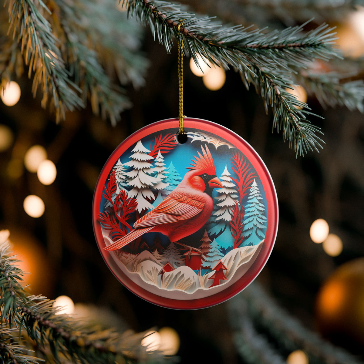 Cardinal in Winter Forest Ceramic Ornament    Item #898138