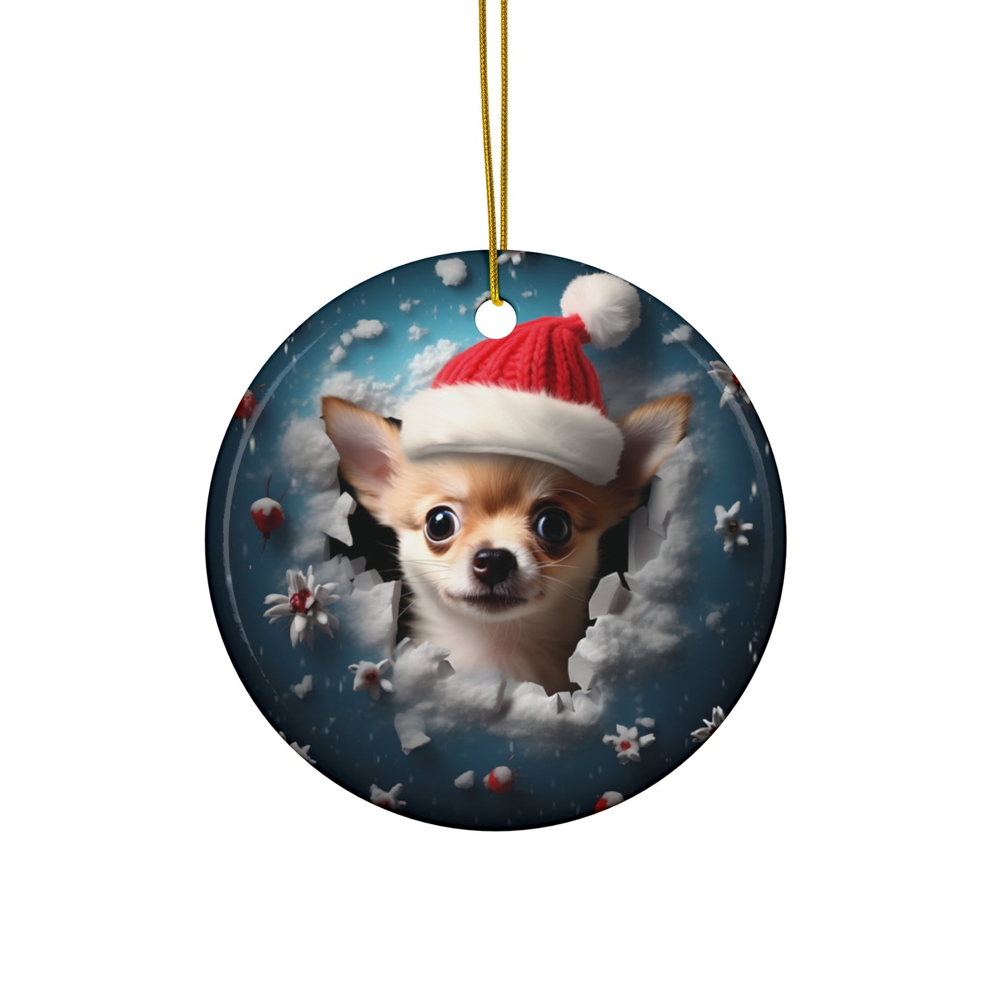 3D Dog With Santa Hat Breaking Out Ceramic Disc Ornament             Item #7965676