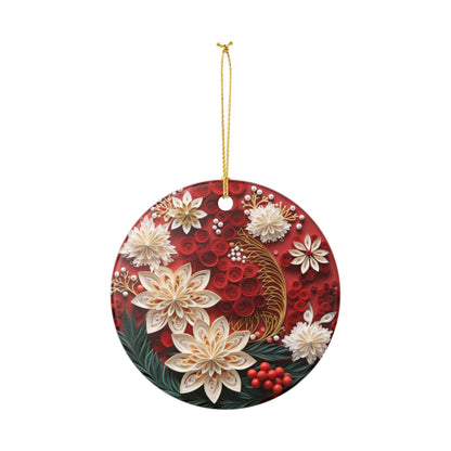 Floral Ceramic Ornament – Red Botanical Holiday Tree Decoration   Item #624588
