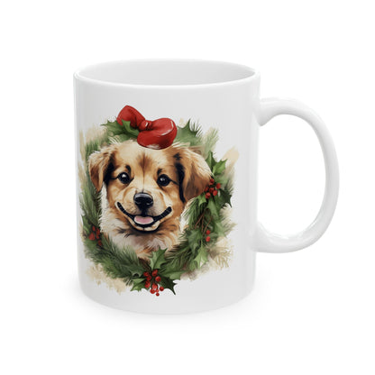 Festive Christmas Dog and Pine Wreath Mug  11oz   Item #6334