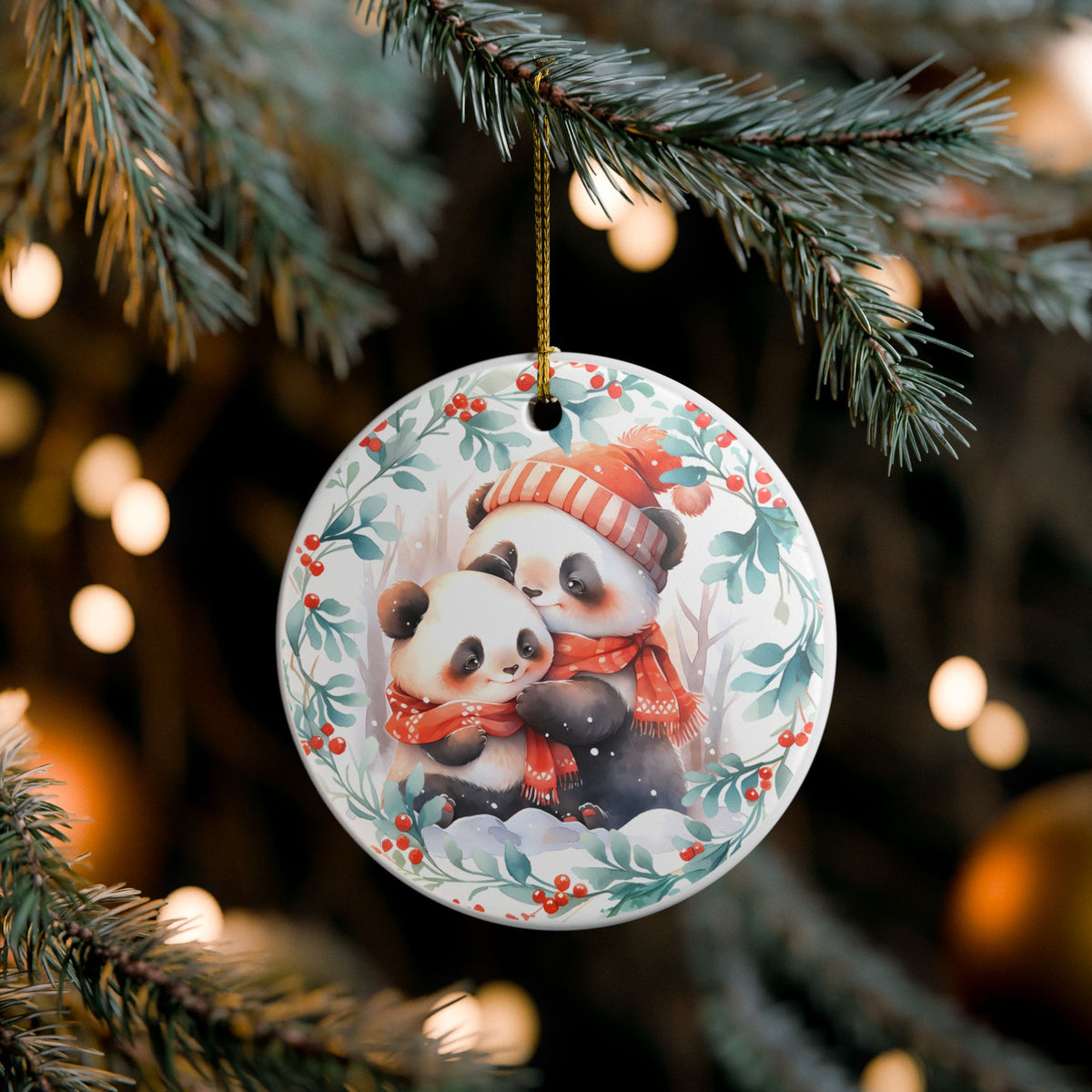 Ceramic Christmas Ornament with Adorable Panda Cubs   Item #76801