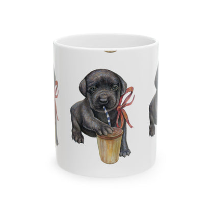 Black Lab Puppy Ceramic Mug — Cute Labrador Puppy with Ribbon Coffee Cup 11oz  Item #2217