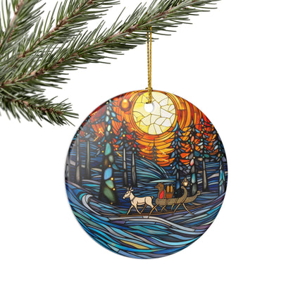 Ceramic Christmas Ornament – Stained Glass Winter Sleigh Ride Design   Item #301101