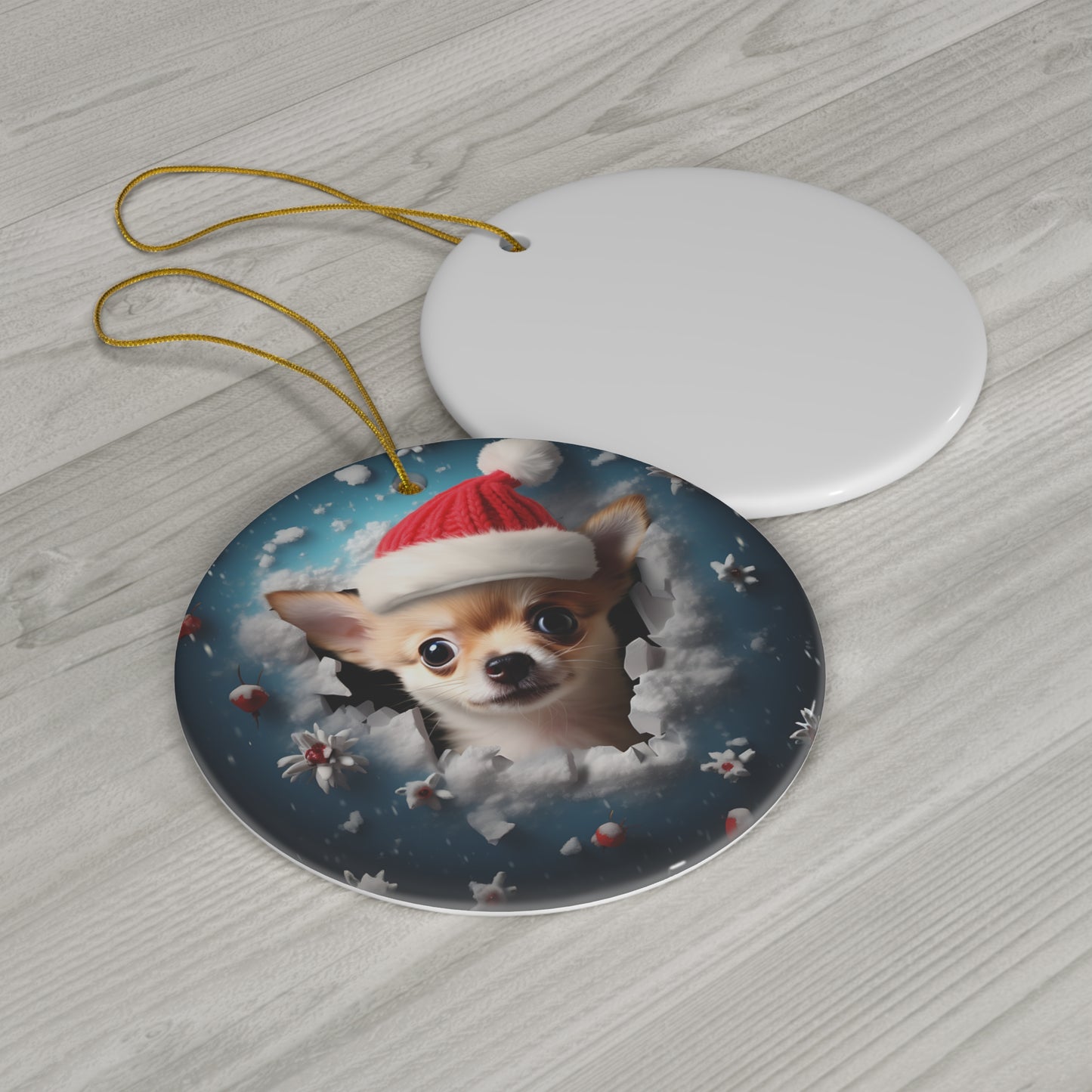 3D Dog With Santa Hat Breaking Out Ceramic Disc Ornament             Item #7965676