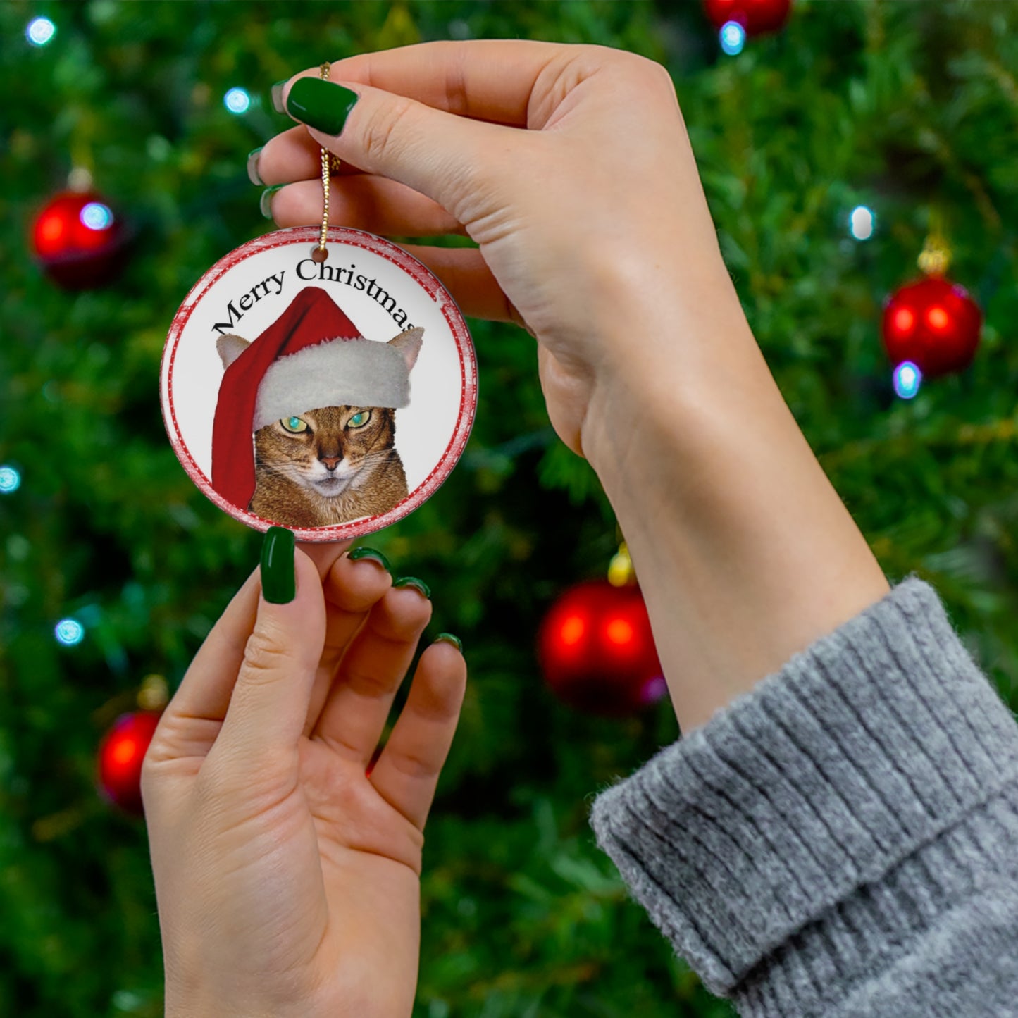 Merry Christmas Cat Ceramic Disc Ornament        Item #6845652