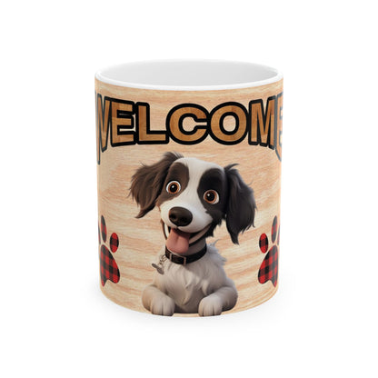 Welcome Dog Illustration Ceramic Mug – Cute Paw Print Coffee Cup 11oz    Item #655237