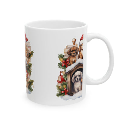 Christmas Puppies Ceramic Mug — Festive Dog House Holiday Coffee Cup 11oz  Item #99334