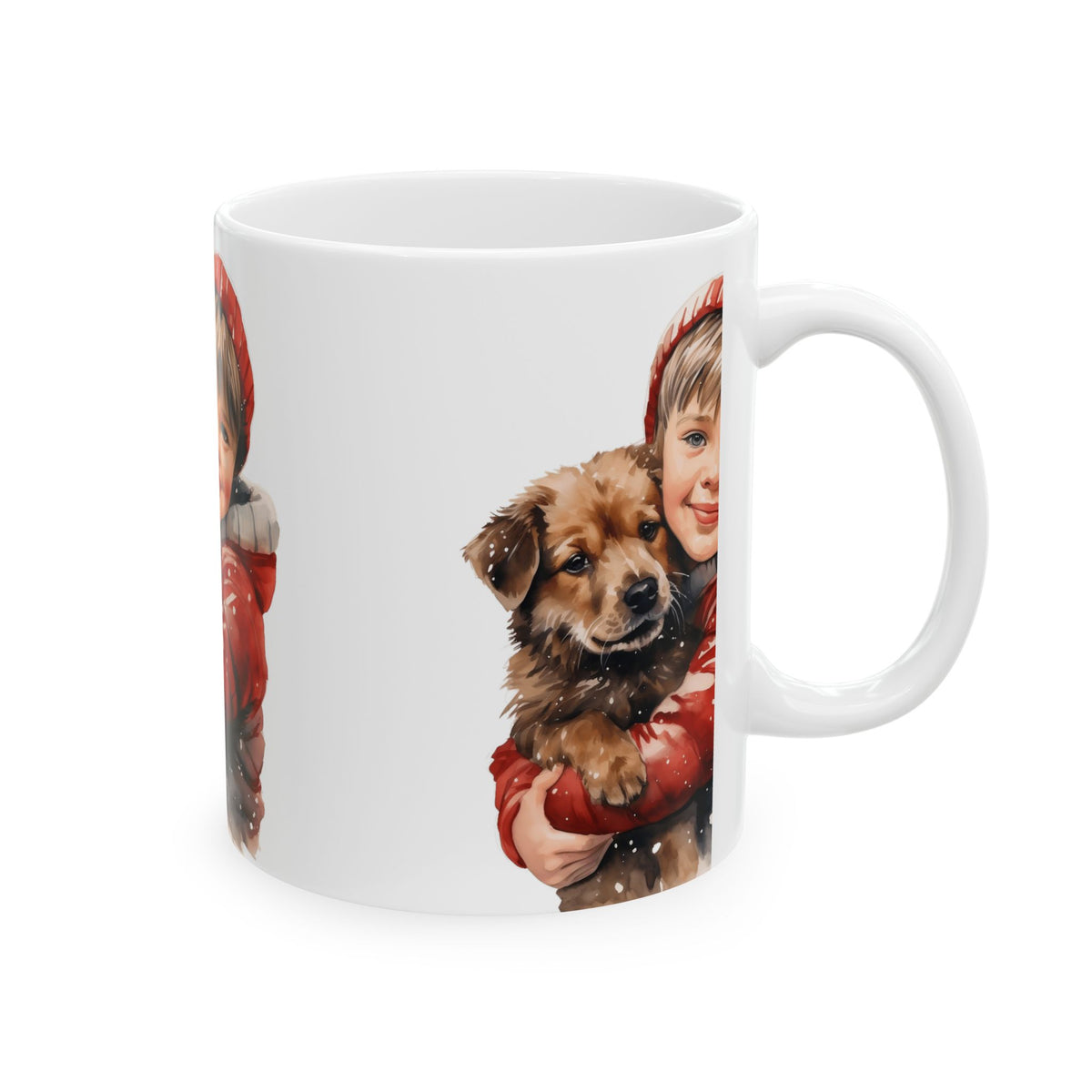 Holiday Kid & Puppy Mug - Cute Winter Boy Holding Dog Ceramic Coffee Cup 11oz  Item #643128