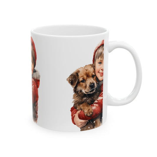 Holiday Kid & Puppy Mug - Cute Winter Boy Holding Dog Ceramic Coffee Cup 11oz  Item #643128