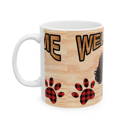 Welcome Dog Illustration Ceramic Mug – Cute Paw Print Coffee Cup 11oz    Item #302105