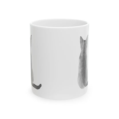 Cat Silhouette Ceramic Mug — Minimal Watercolor Cat Tail & Back Design 11oz  Item #1201