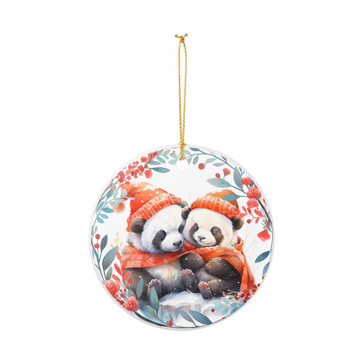 Ceramic Ornament with Cozy Panda Couple Winter Design   Item #13766