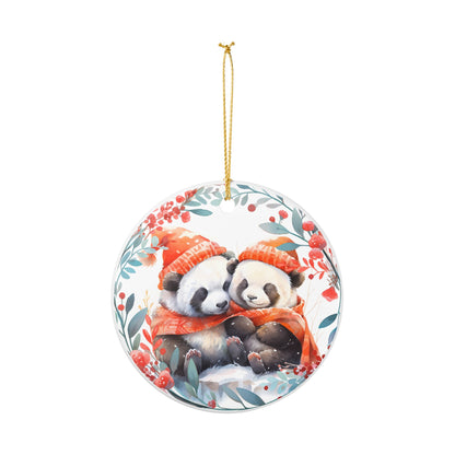 Ceramic Ornament with Cozy Panda Couple Winter Design   Item #13766