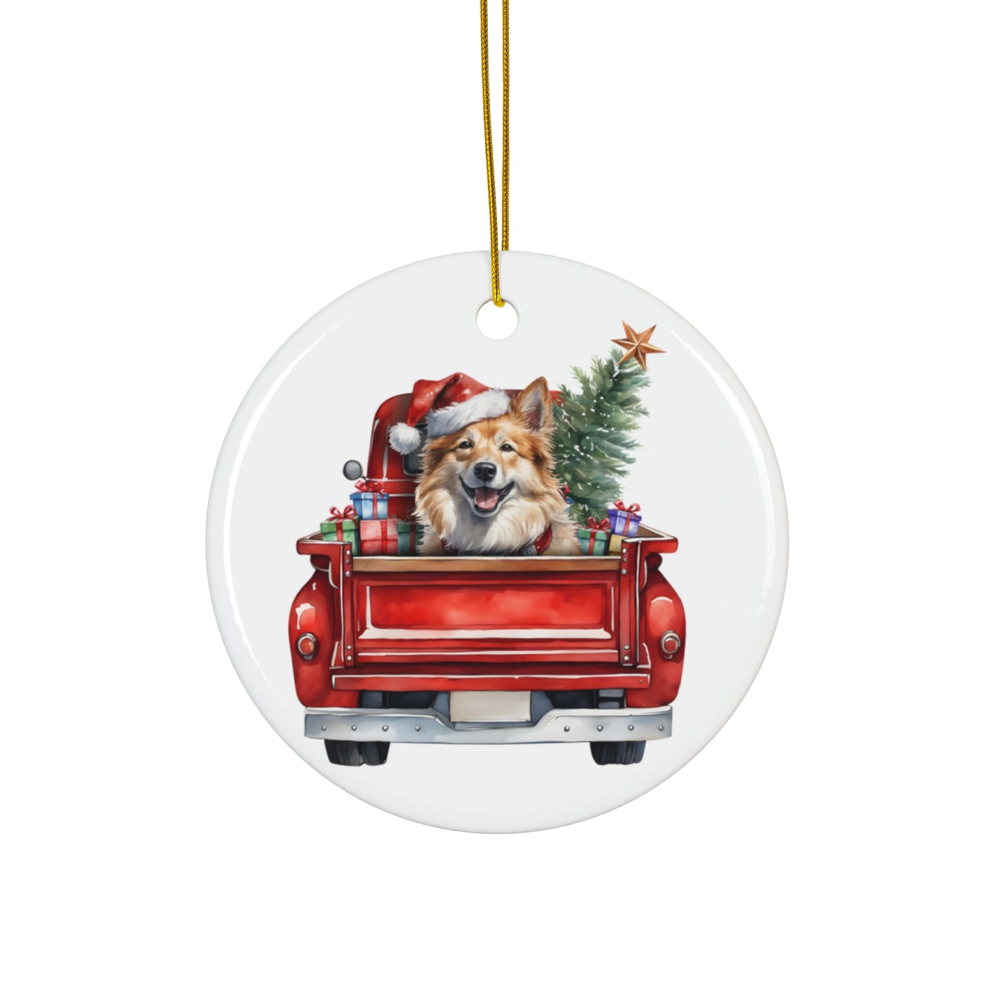 Ceramic Ornament - Icelandic Sheepdog Christmas Dog In Red Truck       Item #9680293