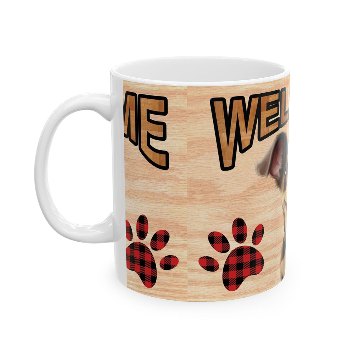Welcome Dog Illustration Ceramic Mug – Cute Paw Print Coffee Cup 11oz    Item #68962