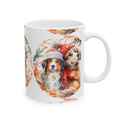 Autumn Dog Mug – Cozy Season Ceramic Coffee Cup with Dogs in Scarves 11oz   Item #829525
