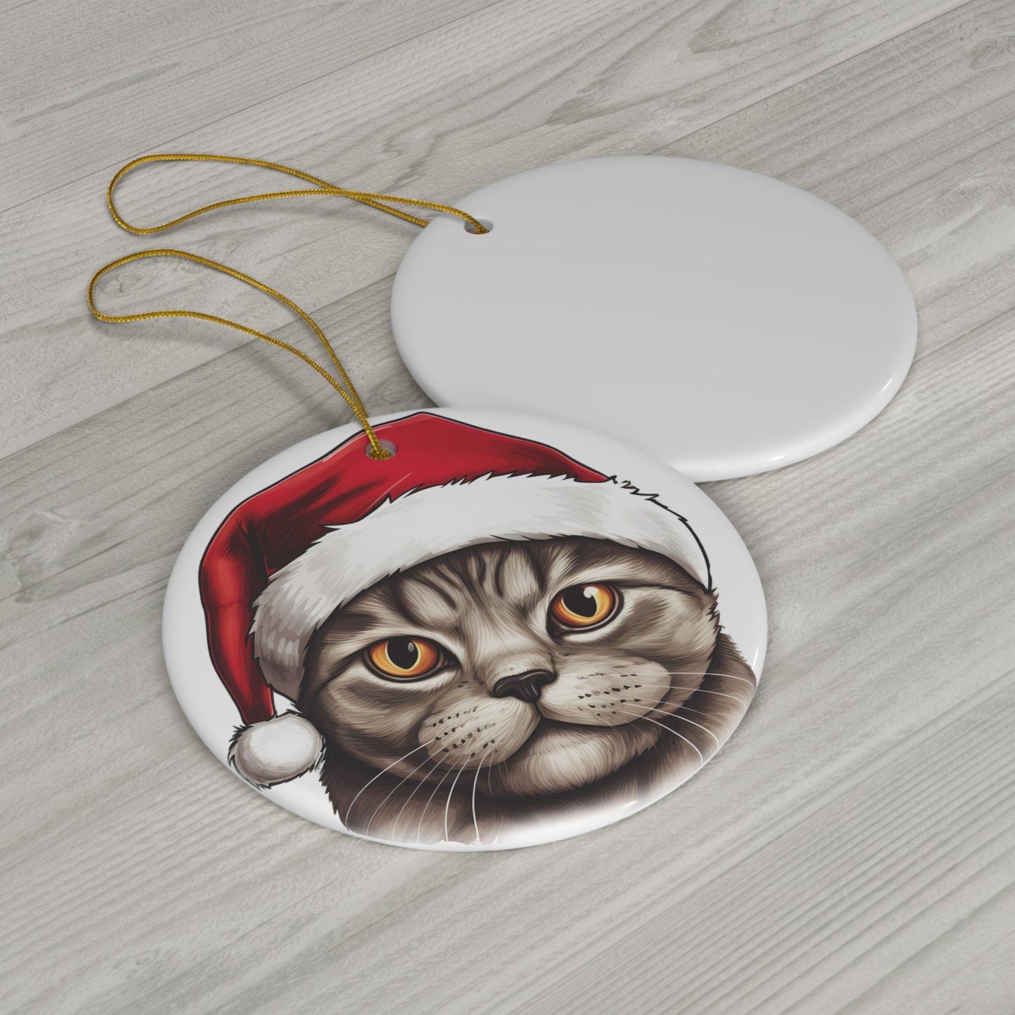 Scottish Fold Cat With Santa Hat Ceramic Ornament     Item #8690164