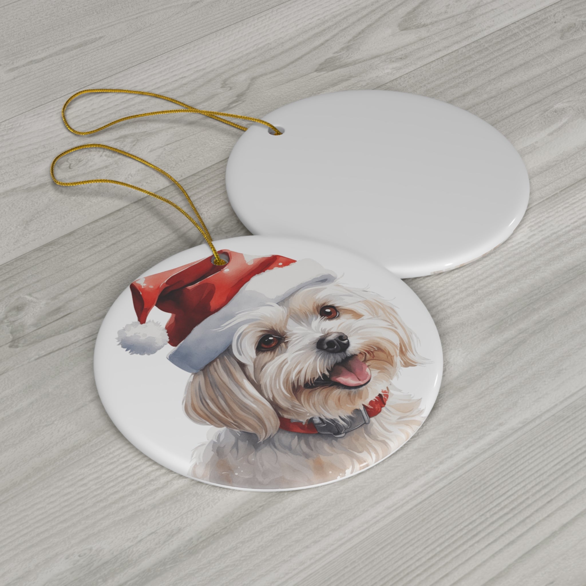 Maltese Dog With Santa Hat Ceramic Disc Ornament      Item #3789225