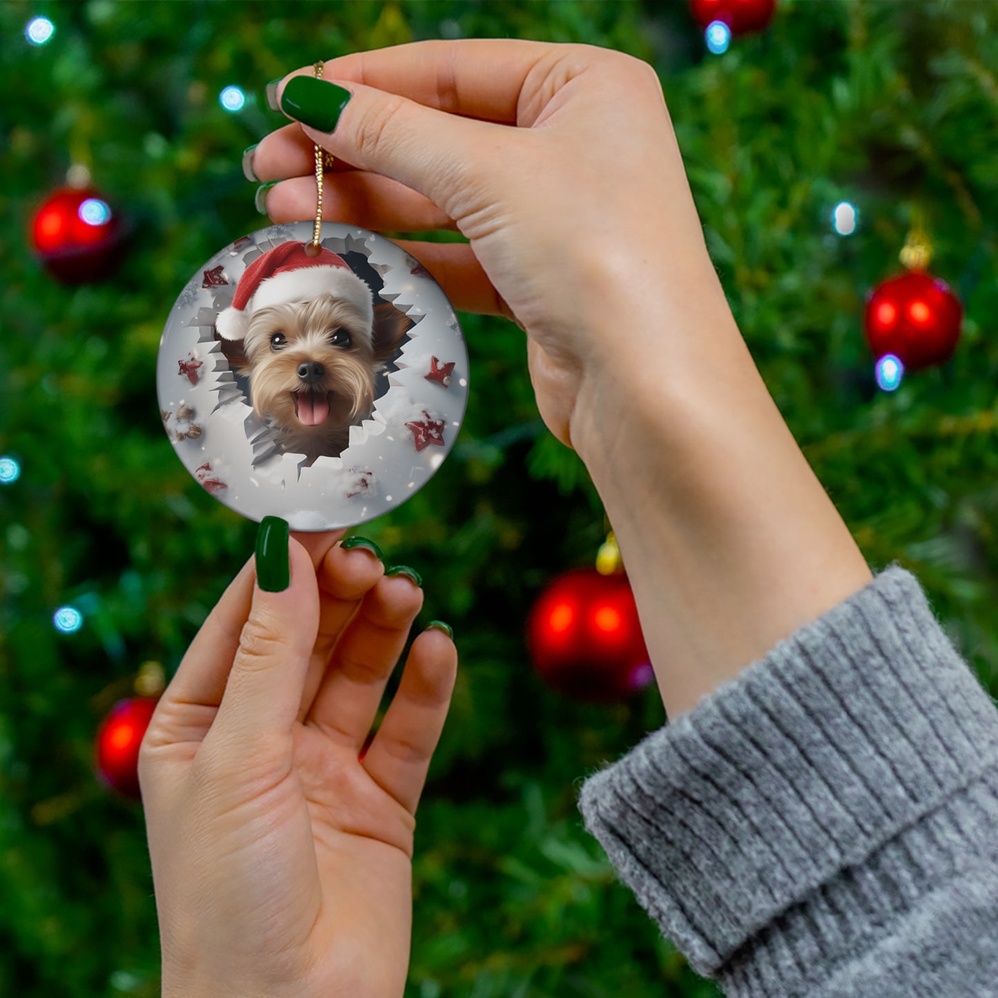 3D Dog With Santa Hat Breaking Out Ceramic Disc Ornament               Item #6111458