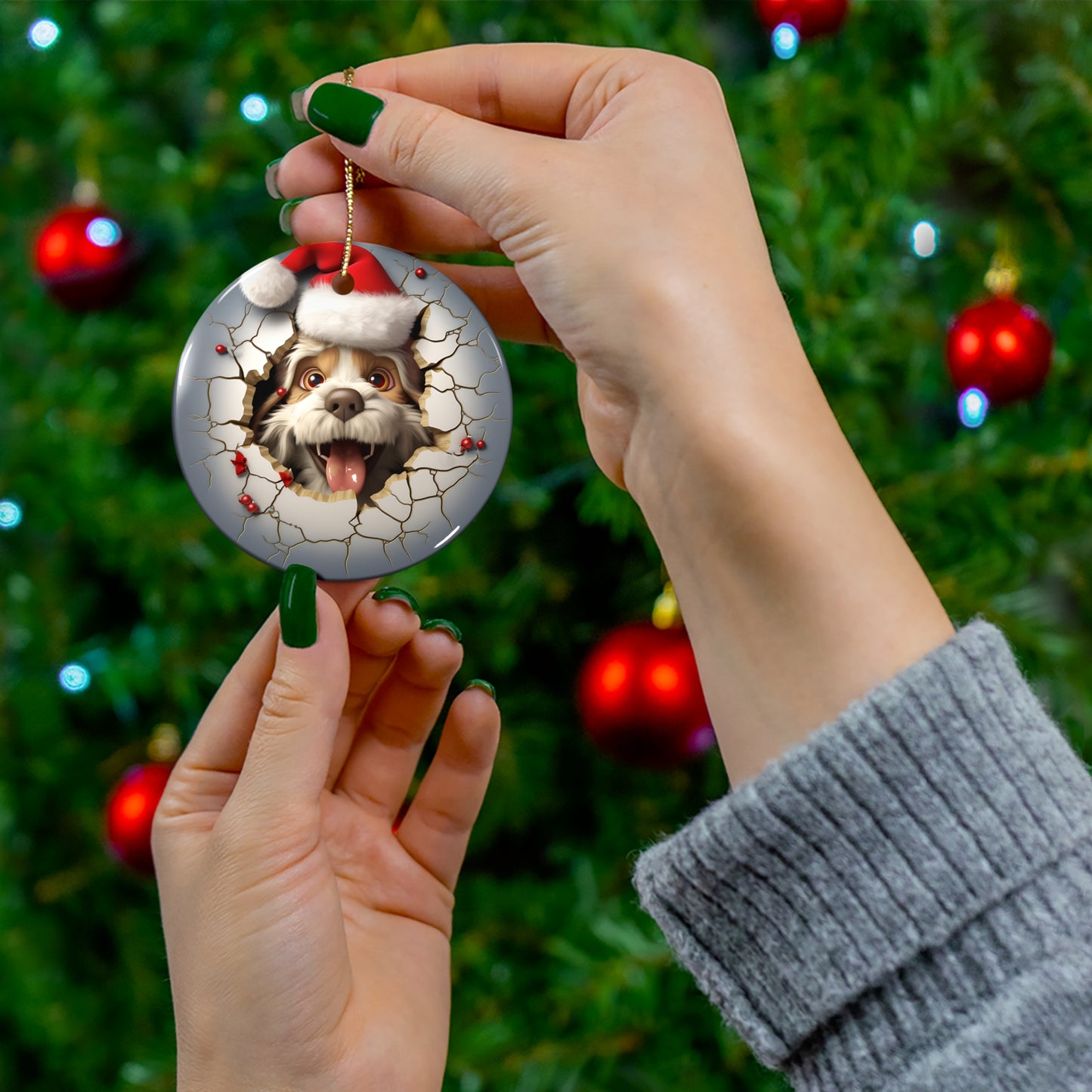 3D Dog With Santa Hat Breaking Out Ceramic Disc Ornament          Item #8817859