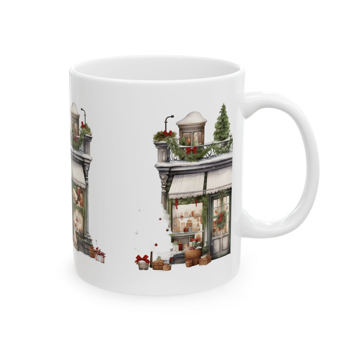 Holiday Shopfront Ceramic Mug - Christmas Winter Village Coffee Cup 11oz  Item #414304