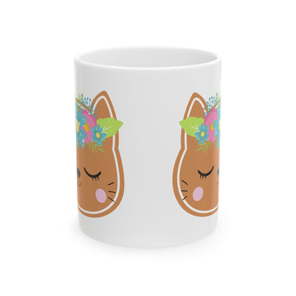 Floral Cat Face Mug — Cute Animal Ceramic Coffee Cup 11oz  Item #827843