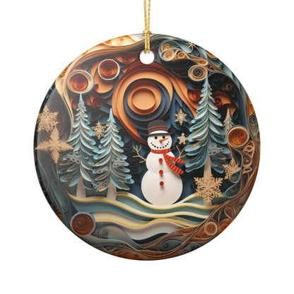 Ceramic Christmas Ornament with Snowman and Winter Forest Design   Item #441402