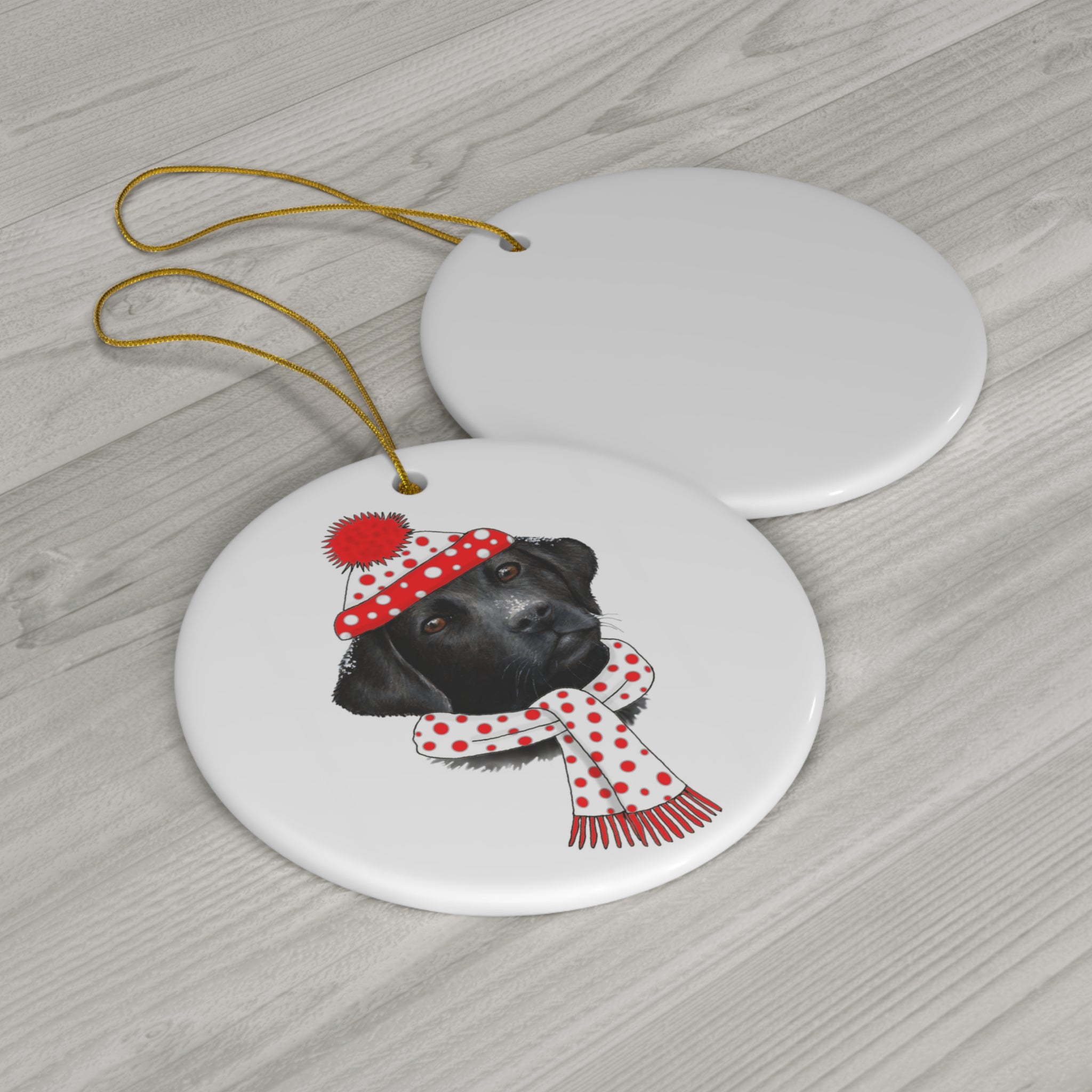Lab In White With Red Dots Winter Gear Ceramic Disc Ornament           Item #929575